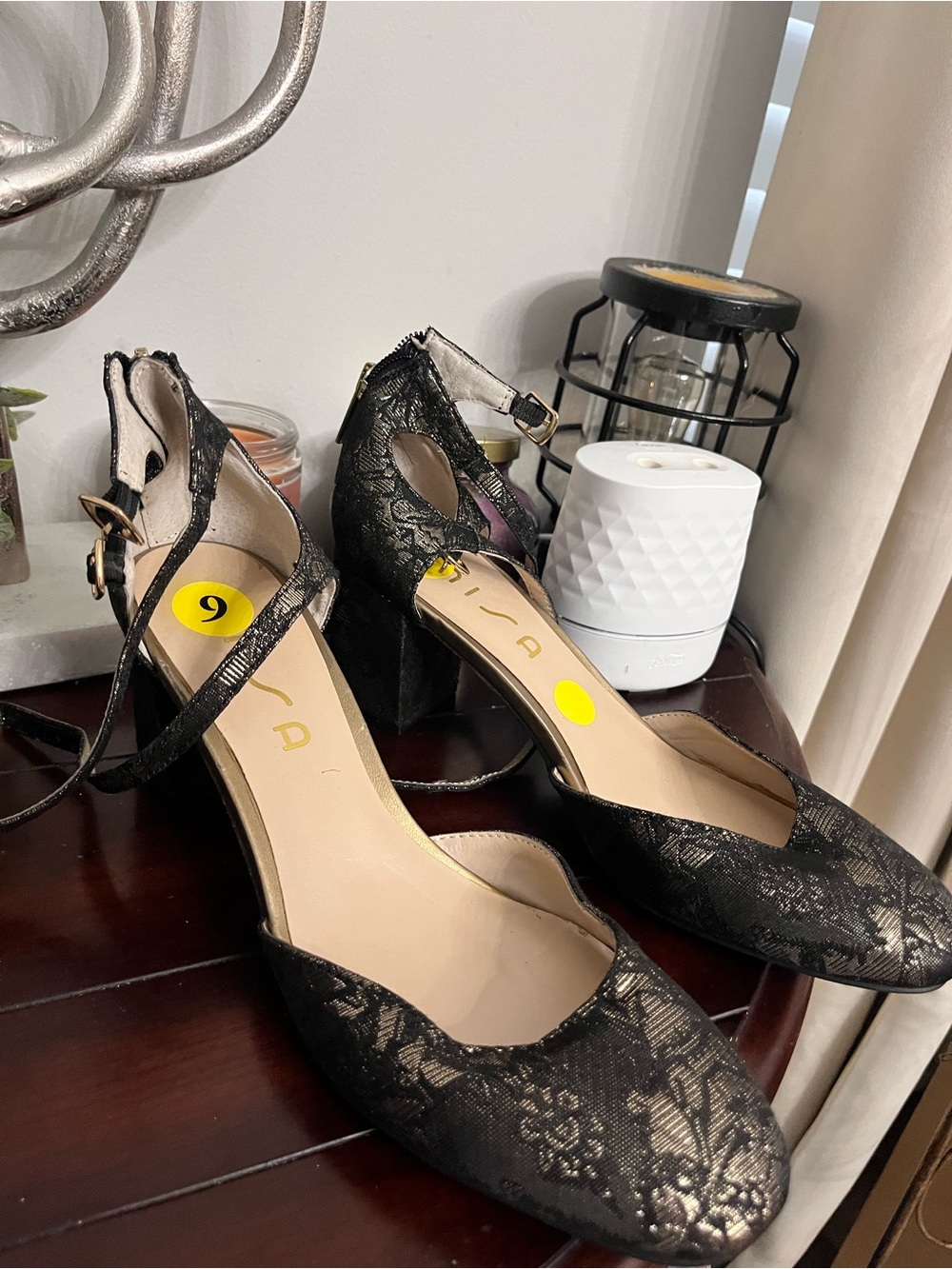 Unisa Black Lace D'Orsay Round Toe Ankle-Strap Heels